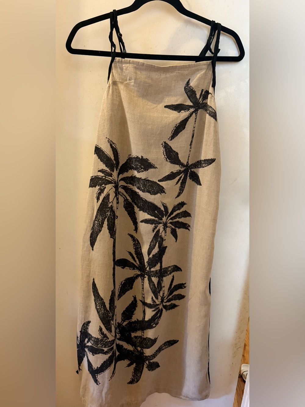 Anthropologie Beige Linen Midi Dress with Black Palm Print
